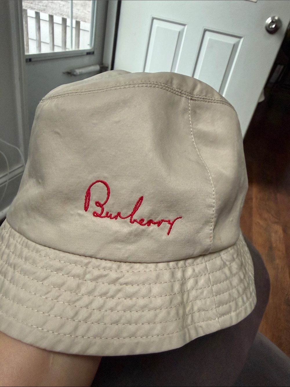 Burberry Beige Bucket Hat with Red Script Embroidery